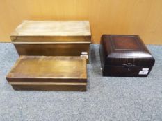 A good quality small wooden storage box approx 12cm x 18cm x 18cm and two graduated metal storage