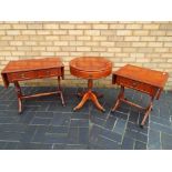 Two occasional drop-leaf tables with drawers, also included in the lot is a drum table.