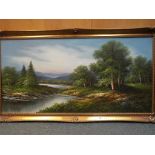 A large ornately framed oil on canvas depicting a Lakeside scene,