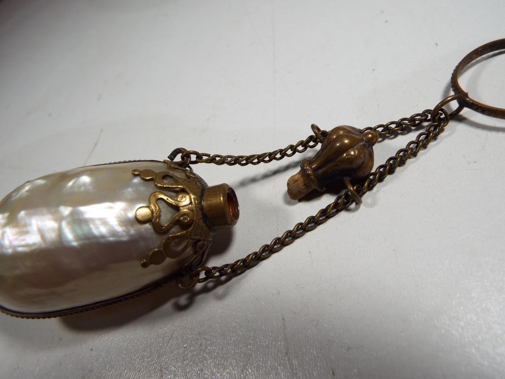 A mid 19th century French Mother of Pearl Chatelaine stoppered perfume bottle with yellow metal - Image 3 of 6