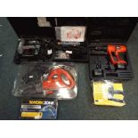 A quantity of predominantly cased and boxed power tools to include a Black & Decker Scorpion saw,