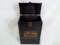 A good quality two bottle wine carrier with stitched decoration Chateau Pierrall Beaujolais approx