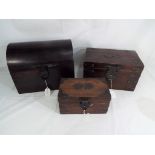 Three small wooden storage boxes one in the form of a tea caddy (3) Est £30 - £50