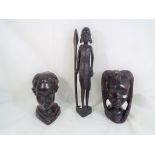 Three African hardwood tribal carvings, largest approximately 35 cm (h) (3).