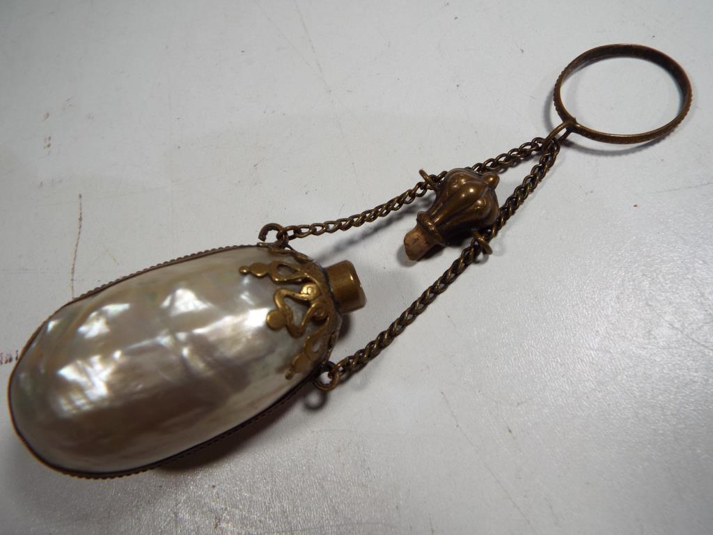 A mid 19th century French Mother of Pearl Chatelaine stoppered perfume bottle with yellow metal - Image 4 of 6