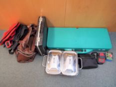 A good lot to include a fold away camping table and bench set, two tray food warmers,