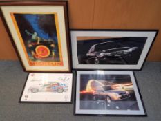 Four automotive related prints, varying sizes, all framed, to include a Michelin advertising print,