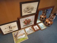 Eight pictures of varying sizes to include framed oils on board, one signed Burnett,