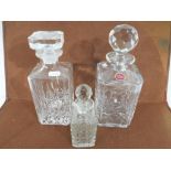 Three glass decanters with stoppers - This lot MUST be paid for and collected, or delivery arranged,