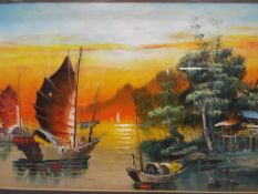An oil paining mounted and framed under glass depicting a coastal scene with Chinese junks image