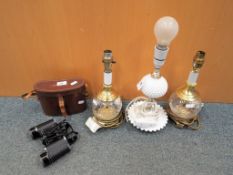A pair of decorative brass and cut glass table lamps approximately 28 cm (h),