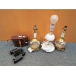 A pair of decorative brass and cut glass table lamps approximately 28 cm (h),