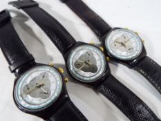 Three gentleman's Swatch chronograph watches with black leather straps,