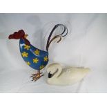 A good quality metal garden ornament depicting a cockerel and a wooden model of a swan (2) - This