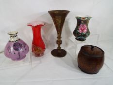 A good mixed lot to include a heavy brass trumpet vase, an oak tea caddy, a Shelley vase 13.