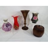 A good mixed lot to include a heavy brass trumpet vase, an oak tea caddy, a Shelley vase 13.