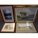 A good lot to include four frame pictures of varying sizes to include two watercolours of lake side