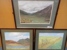 Three mounted and framed under glass, landscape works in pastel by Mary Eileen Walbank,