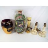 A hand-painted twin-handled Japanese vase, approximately 36 cm (h), a ruby glass vase,