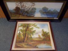 Two framed pictures to include an oil on board depicting a lakeside scene,
