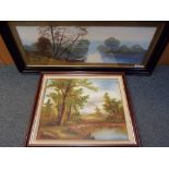 Two framed pictures to include an oil on board depicting a lakeside scene,