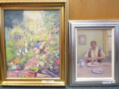 A framed oil on canvas of a garden scene signed lower left by the artist R Collier,