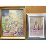 A framed oil on canvas of a garden scene signed lower left by the artist R Collier,