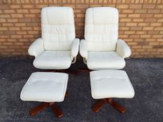 Two good quality faux leather swivel chairs with matching footstools (4)