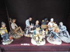 Seven Capodimonte figurines to include Baker, Man Sewing, Tramp on Bench and similar.