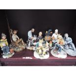 Seven Capodimonte figurines to include Baker, Man Sewing, Tramp on Bench and similar.