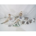 Two Nao figurines depicting ballerinas, a Nao group of geese,