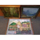 Three pictures to include an oil on board depicting a woodland scene entitled Alderley Woods by