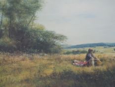 A colour print depicting two children seated in the meadow,
