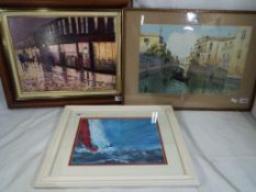 An Ivan Pollard oil on board depicting a sailing scene, mounted and framed under glass,