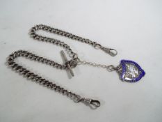 A silver double Albert watch chain T-bar and silver and enamelled fob marked Oxford and District