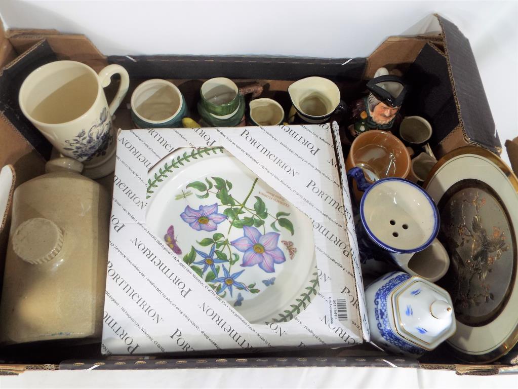 A good mixed lot to include a quantity of Toby jugs, Portmeirion plate set, a foot warmer,