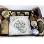 A good mixed lot to include a quantity of Toby jugs, Portmeirion plate set, a foot warmer,
