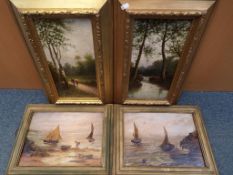 Four framed oils on canvas of varying image sizes to include one depicting a lady and gentleman