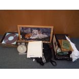 A good mixed lot to include linen, two stamp albums, a small wooden storage box,