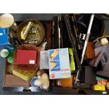 A good mixed lot to include four vintage handbags, horse riding helmet, wooden trinket boxes,