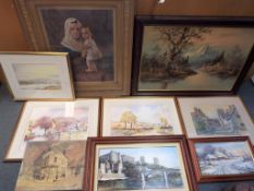 Nine predominantly framed pictures of varying sizes to include oils,