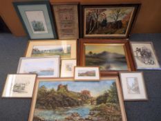 Twelve framed pictures of varying size to include watercolours, oils, prints, a sampler and similar.