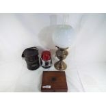 A good lot to include an oil lamp approx 50 cm height, white glass shade, small wooden trinket box,