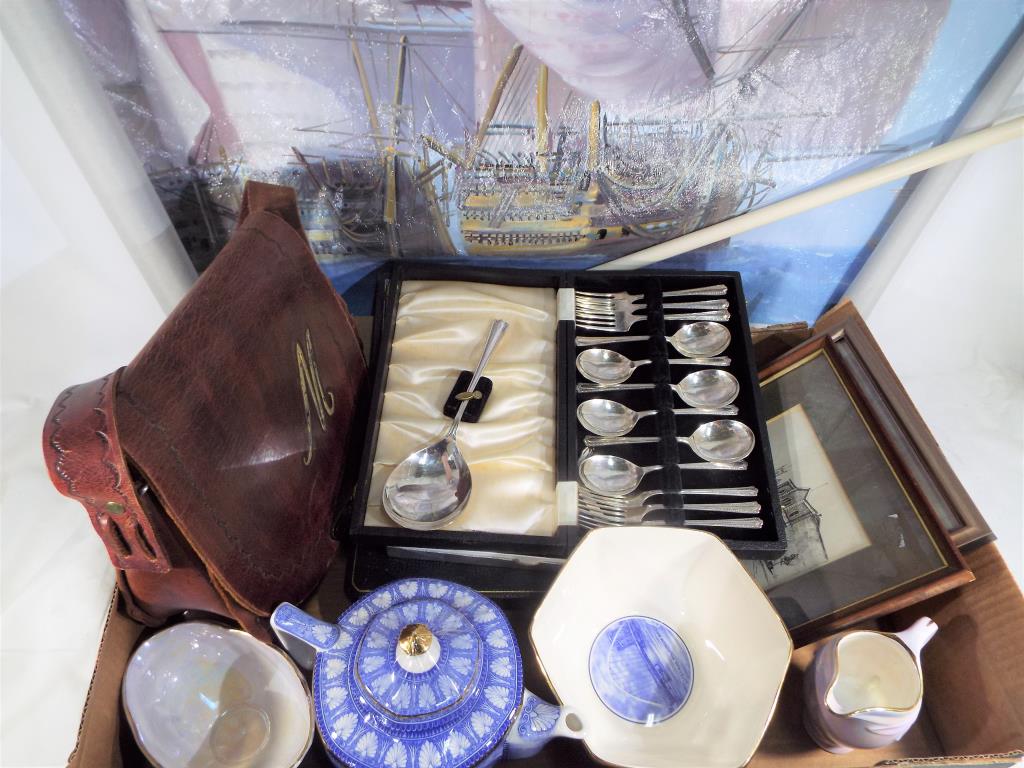 A good mixed lot to include a vintage leather satchel, ceramics to include Rington's Ltd, Beswick,