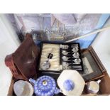 A good mixed lot to include a vintage leather satchel, ceramics to include Rington's Ltd, Beswick,