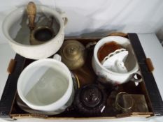 A good mixed lot to include three ceramic chamber pots, carnival glass,