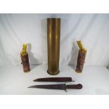 Three pieces of trench art to include a large shell inscribed to the base SCHGZDSONG14 SBV,