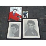 Two mounted and framed pictures of Elvis and two Elvis wall mirrors.