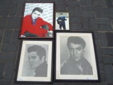 Two mounted and framed pictures of Elvis and two Elvis wall mirrors.