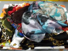 A box containing a quantity of approximately 47 vintage cotton and satin scarves to include Venezia